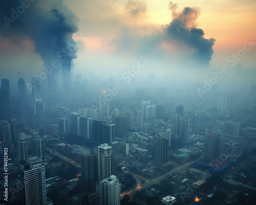 A city with smoke coming out of the sky. Generative AI.