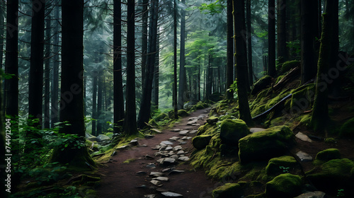 A hiking trail leading through a dense forest. © Muhammad