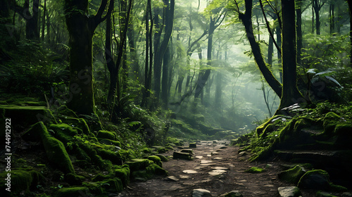 A hiking trail leading through a dense forest. © Muhammad