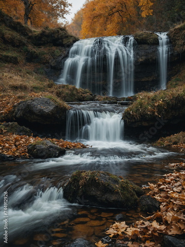 Waterfall in autumn near the countryside. Without people