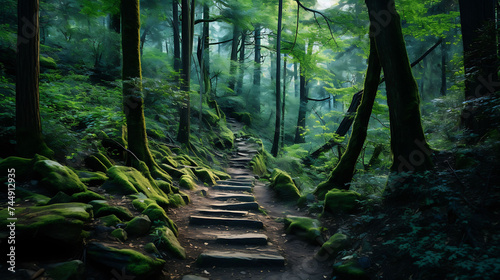 A hiking trail leading through a dense forest.