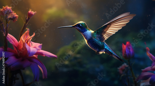 A hummingbird sipping nectar from a flower. © Muhammad