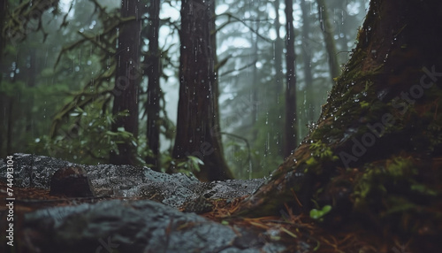 Photo of a pacific northwest forrest on a rainy day  foggy and mystic mountain forrest  gloomy dark forest during a foggy day  North Vancouver  British Columbia  Canada  European forrest