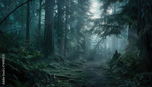 Photo of a pacific northwest forrest on a rainy day, foggy and mystic mountain forrest, gloomy dark forest during a foggy day, North Vancouver, British Columbia, Canada, European forrest