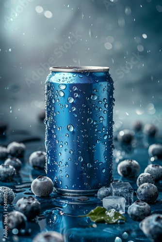 AI generated photo of a blue beverage can, with some blueberries and ice cubes in the background
