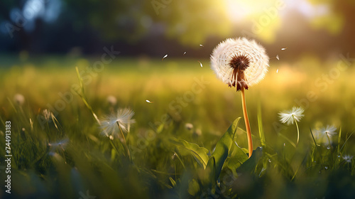 A lone dandelion in a field of grass.