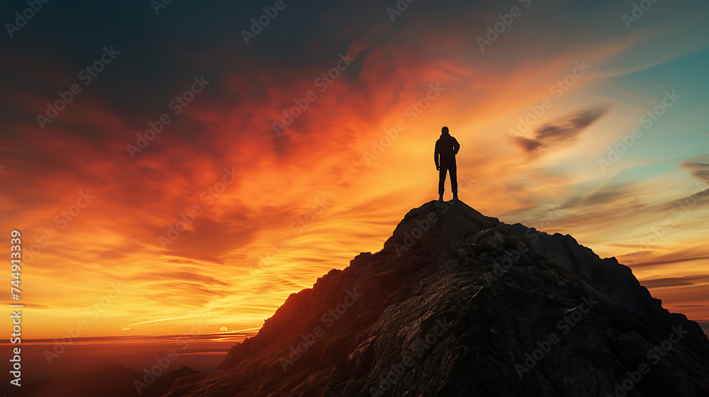 Silhueta resiliente contemplando o pôr do sol em uma montanha selvagem