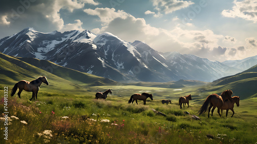 A mountain meadow filled with wild horses.