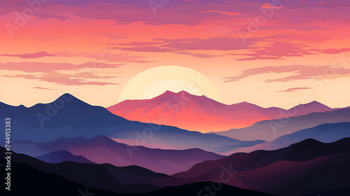 A mountain range silhouetted against a colorful sunset.