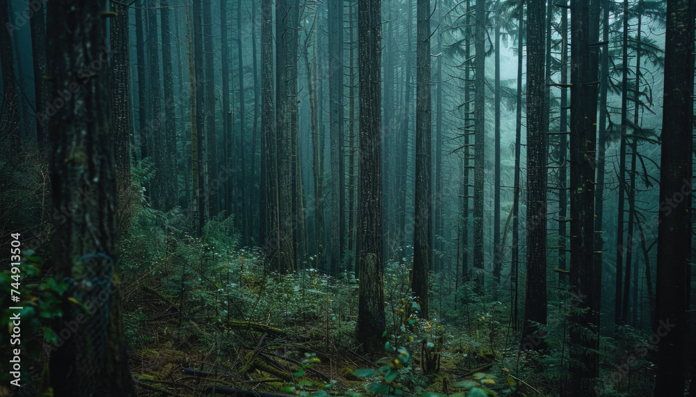 Fototapeta premium Photo of a pacific northwest forrest on a rainy day, foggy and mystic mountain forrest, gloomy dark forest during a foggy day, North Vancouver, British Columbia, Canada, European forrest