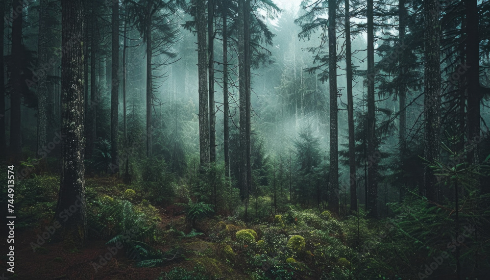 Obraz premium Photo of a pacific northwest forrest on a rainy day, foggy and mystic mountain forrest, gloomy dark forest during a foggy day, North Vancouver, British Columbia, Canada, European forrest