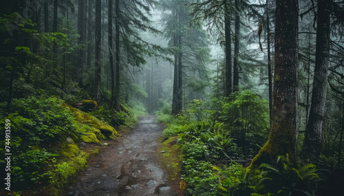 Photo of a pacific northwest forrest on a rainy day, foggy and mystic mountain forrest, gloomy dark forest during a foggy day, North Vancouver, British Columbia, Canada, European forrest photo