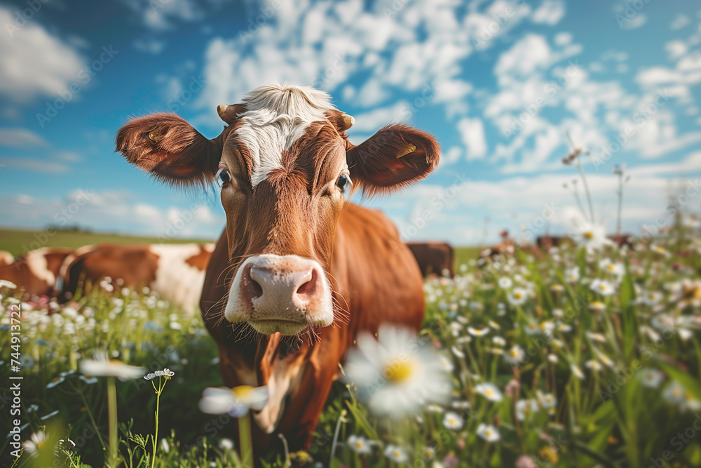 Chocolate-colored cow in front of the camera on a bright day in a field of daisies.cow on farm organic concept