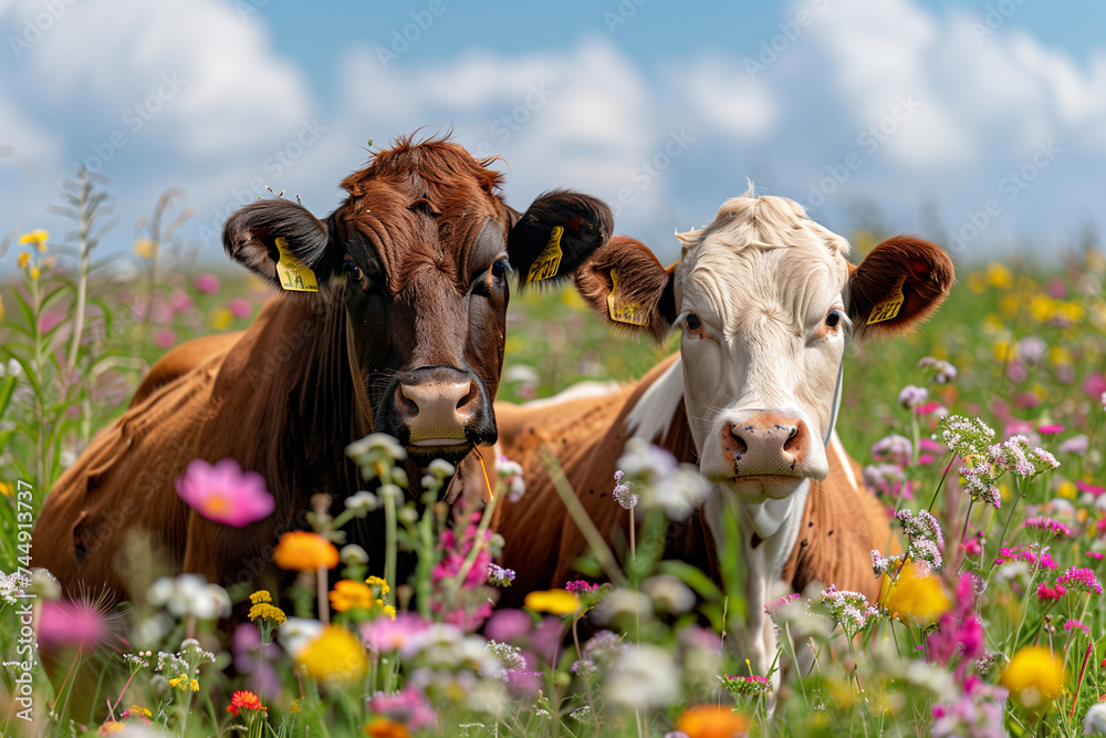 Chocolate-colored cow in front of the camera on a bright day in a field of daisies.cow on farm organic concept Chocolate-colored cow in front of the camera on a bright day in a field of daisies.cow on farm organic concept