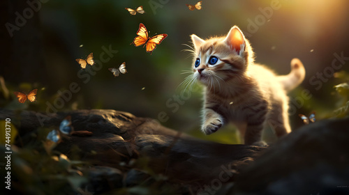 A playful kitten chasing butterflies.