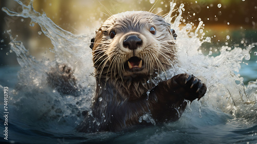 A playful otter splashing in the water. #744913793