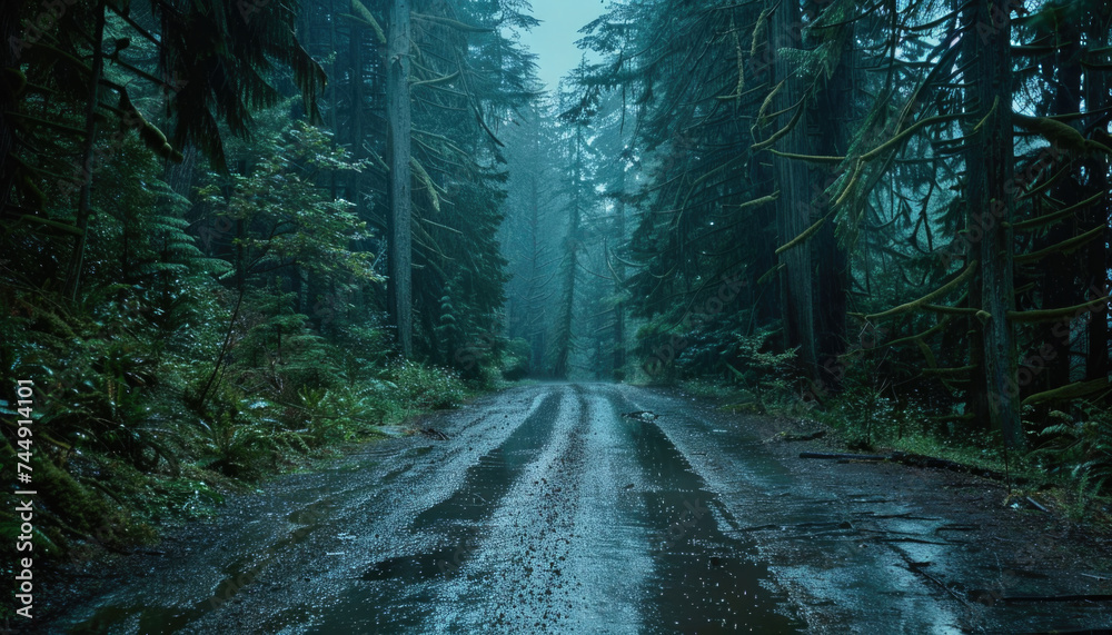 Photo of a pacific northwest forrest on a rainy day, foggy and mystic mountain forrest, gloomy dark forest during a foggy day, North Vancouver, British Columbia, Canada, European forrest - obrazy, fototapety, plakaty 