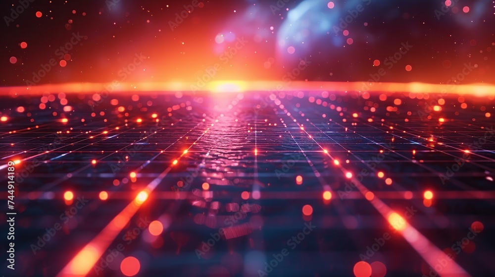 Fototapeta premium Beautiful futuristic lights and reflections with grid background.