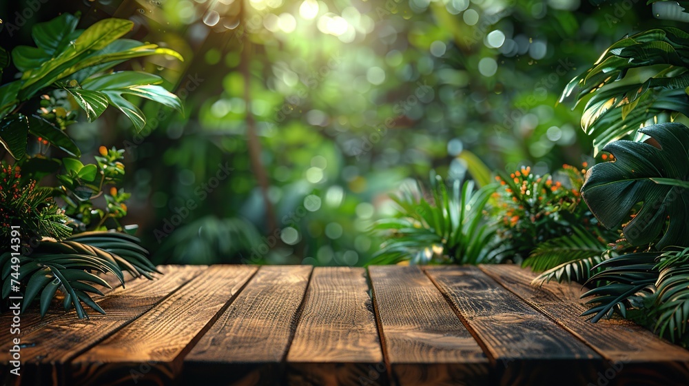 Wooden counter stands on empty table in outdoor tropical forest. Blurred green plant background With an organic product area Presenting easel displays in nature spring and summer concept Wooden counter stands on empty table in outdoor tropical forest. Blurred green plant background With an organic product area Presenting easel displays in nature spring and summer concept