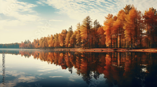 A reflection of autumn trees in a still lake. © Muhammad