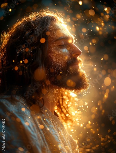 The concept art of Jesus praying with shining divine light #744914332