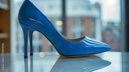 A pair of blue high heel stilettos is placed on a table near the windows in a department store photo