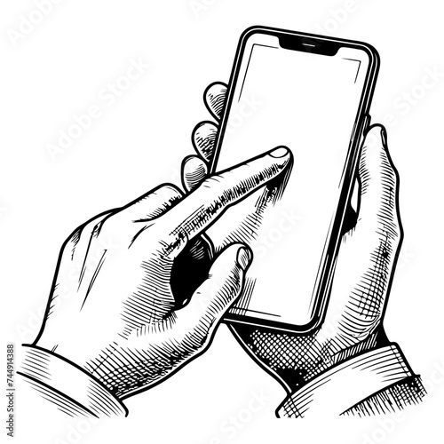 Close up hand holding modern smart phone mockup. Continuous black single lines drawing art icon. Finger touching blank screen transparent background vector