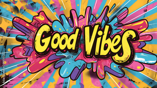A Vibrant background with the word " Good vibes " on Abstract Graffiti pop style Typography commercial Background