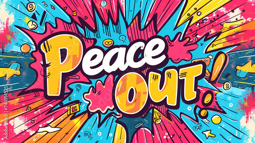 A Vibrant background with the word " Peace Out " on Abstract Graffiti pop style Typography commercial Background