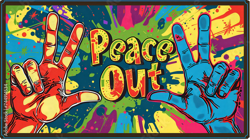 A Vibrant background with the word " Peace Out " on Abstract Graffiti pop style Typography commercial Background