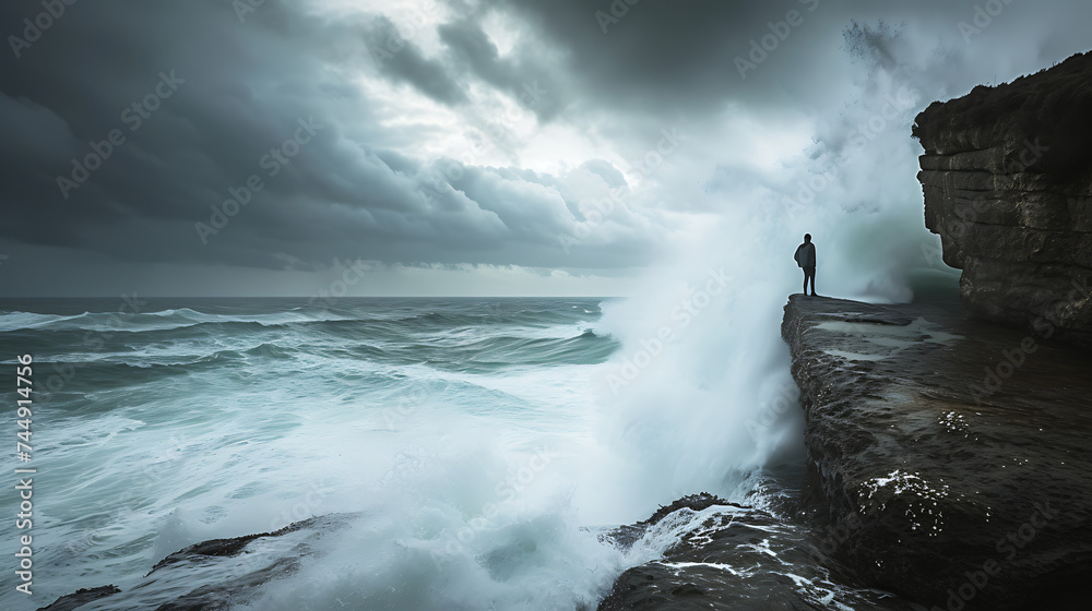 Solidão na costa um olhar para a turbulência do oceano e o poder bruto da natureza - obrazy, fototapety, plakaty 