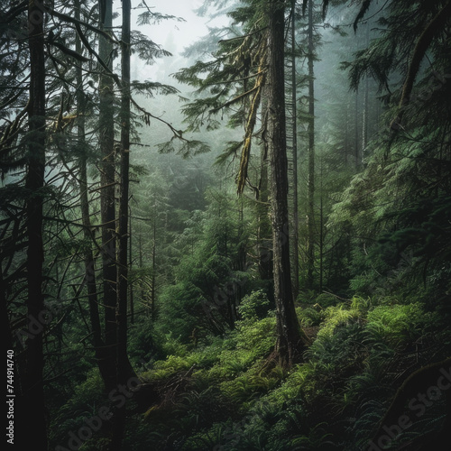 Photo of a pacific northwest forrest on a rainy day  foggy and mystic mountain forrest  gloomy dark forest during a foggy day  North Vancouver  British Columbia  Canada  European forrest