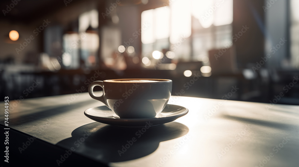 close up of a coffee cup on a table in a cafe