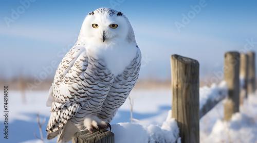 A snowy owl perched on a fence post.