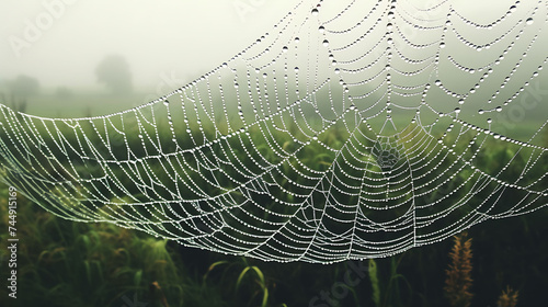 A spiderweb covered in morning dew.