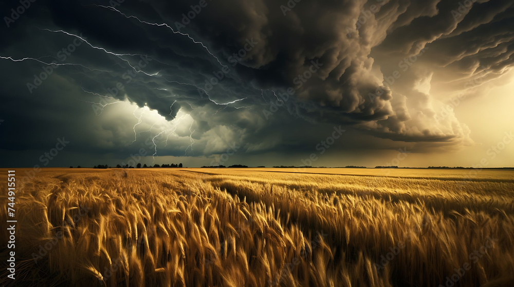 A thunderstorm brewing over a wheat field. - obrazy, fototapety, plakaty 