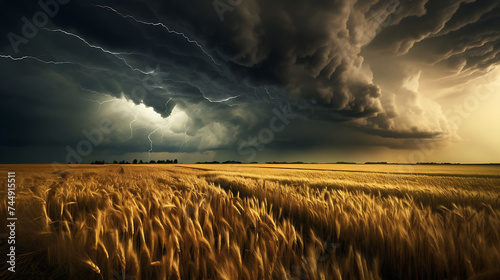 A thunderstorm brewing over a wheat field.