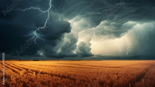 A thunderstorm brewing over a wheat field. photo