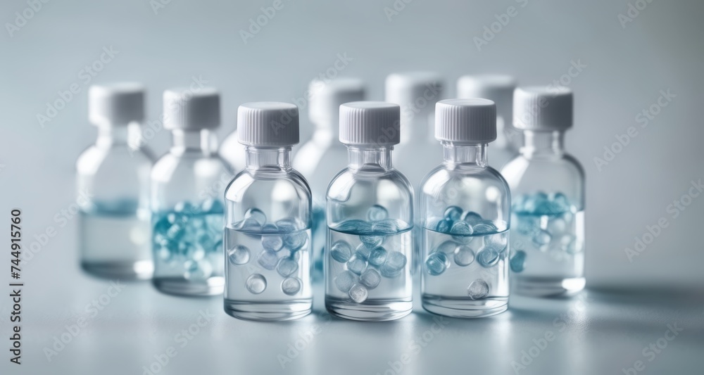  Clear glass bottles with blue beads, perfect for a clean, modern aesthetic