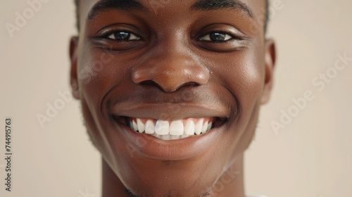 Closeup portrait of a happy smiling young black man with shiny white teeth. Isolated on beige background. AI Generated 