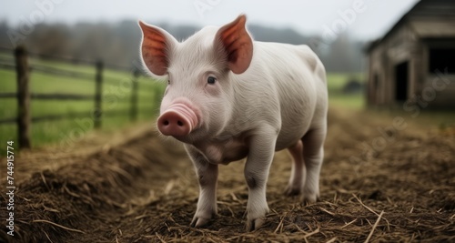  Pig standing in a field, looking at the camera