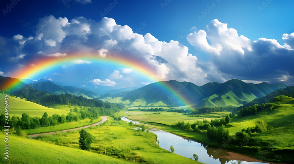 A vibrant rainbow over a green valley.
