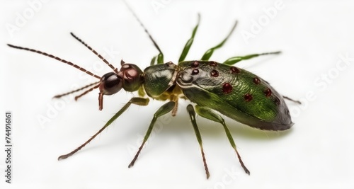  Close-up of a vibrant green and red insect with long antennae