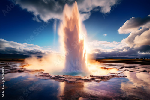 Epic display of geo-thermal power: A fierce Geyser eruption against the impartial blue sky photo