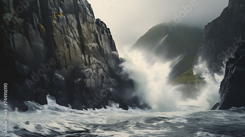 Waves crashing against rocky cliffs.