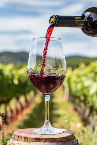 Pouring red wine into glass in the vineyard on a beautiful summer day. AI Generated