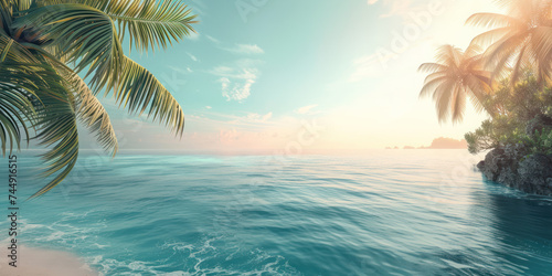 Beach with tropical palm trees sea and sky