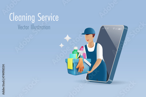 Online cleaning service and housekeeping. Maid holding cleaning bucket on smartphone for home sanitary. Vector Illustration.