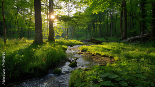 Cenário sereno clareira na floresta luz dourada riacho calmo verde vibrante flores selvagens tranquilidade sonora