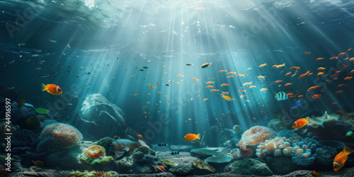 Underwater scene with sun rays and sun coral reef and fishes © Black Pig